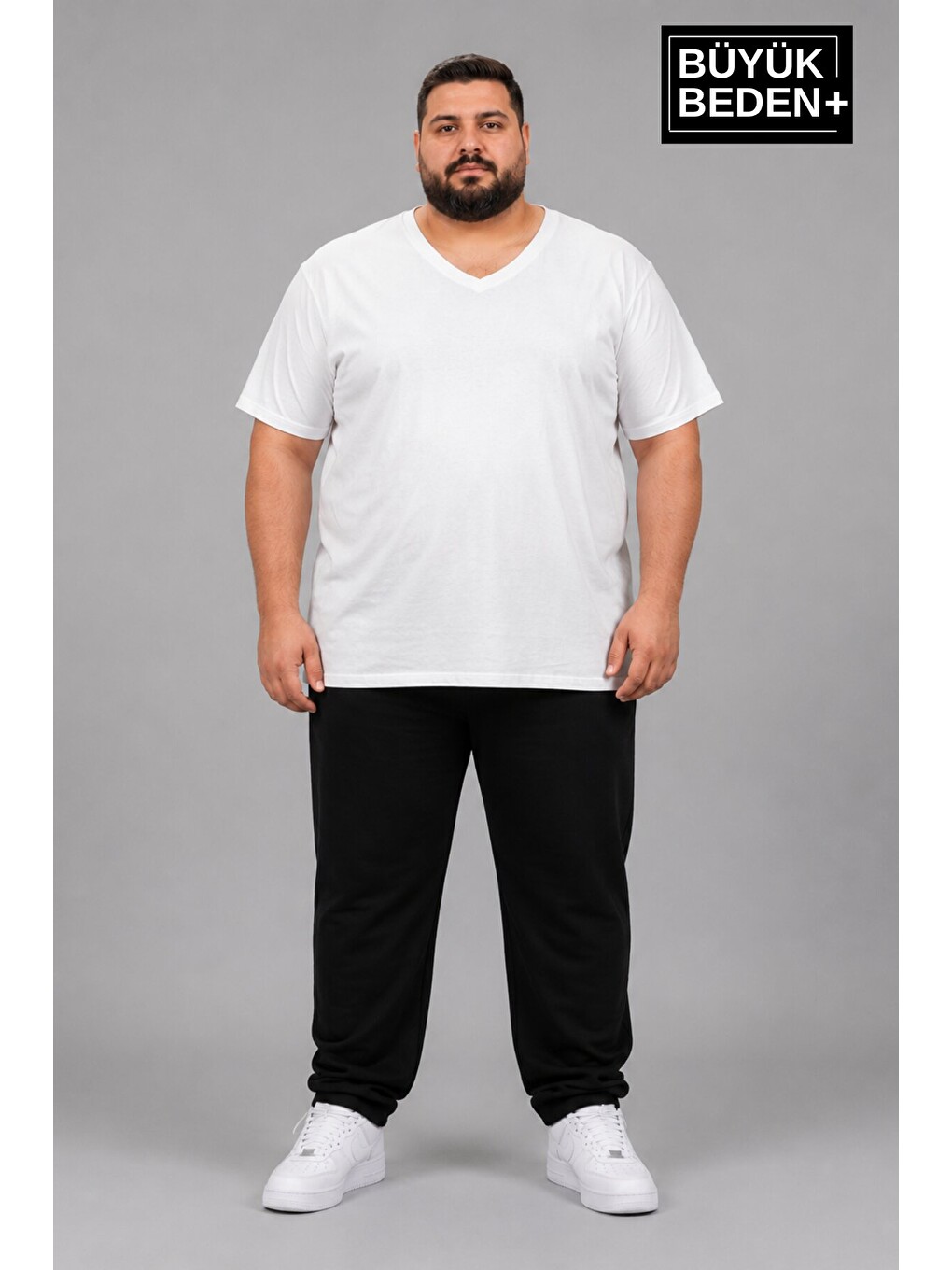 Beyaz Büyük Beden Erkek V Yaka Pamuklu Basic Tişört Lacivert 3XL-6XL SPR26BTS509