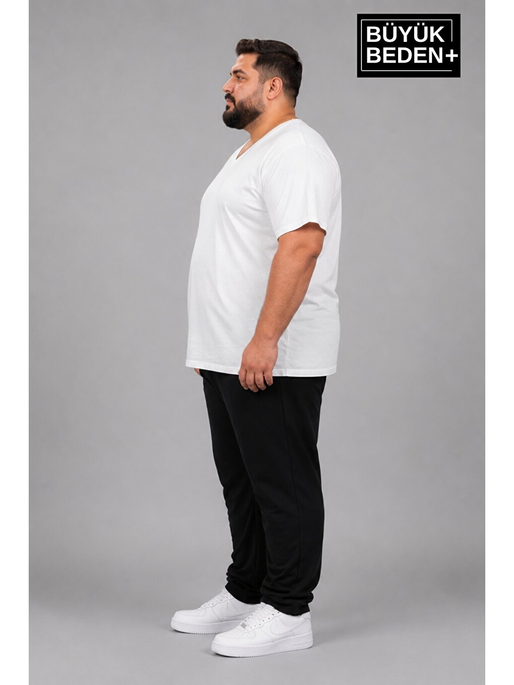 Beyaz Büyük Beden Erkek V Yaka Pamuklu Basic Tişört Lacivert 3XL-6XL SPR26BTS509-1