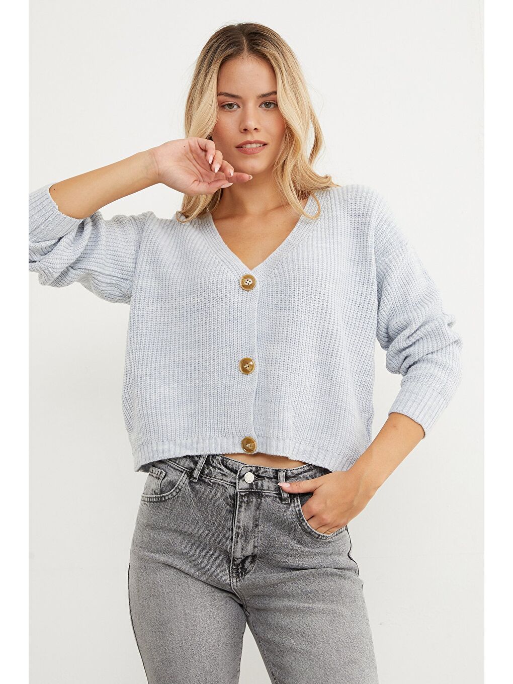 Mavi Düğmeli V Yaka Triko Hırka-4