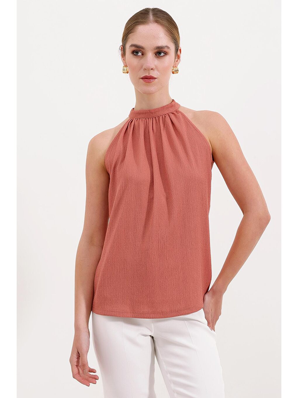 Pembe 0489 Halter Yaka Örme Bluz - Gül Kurusu-1