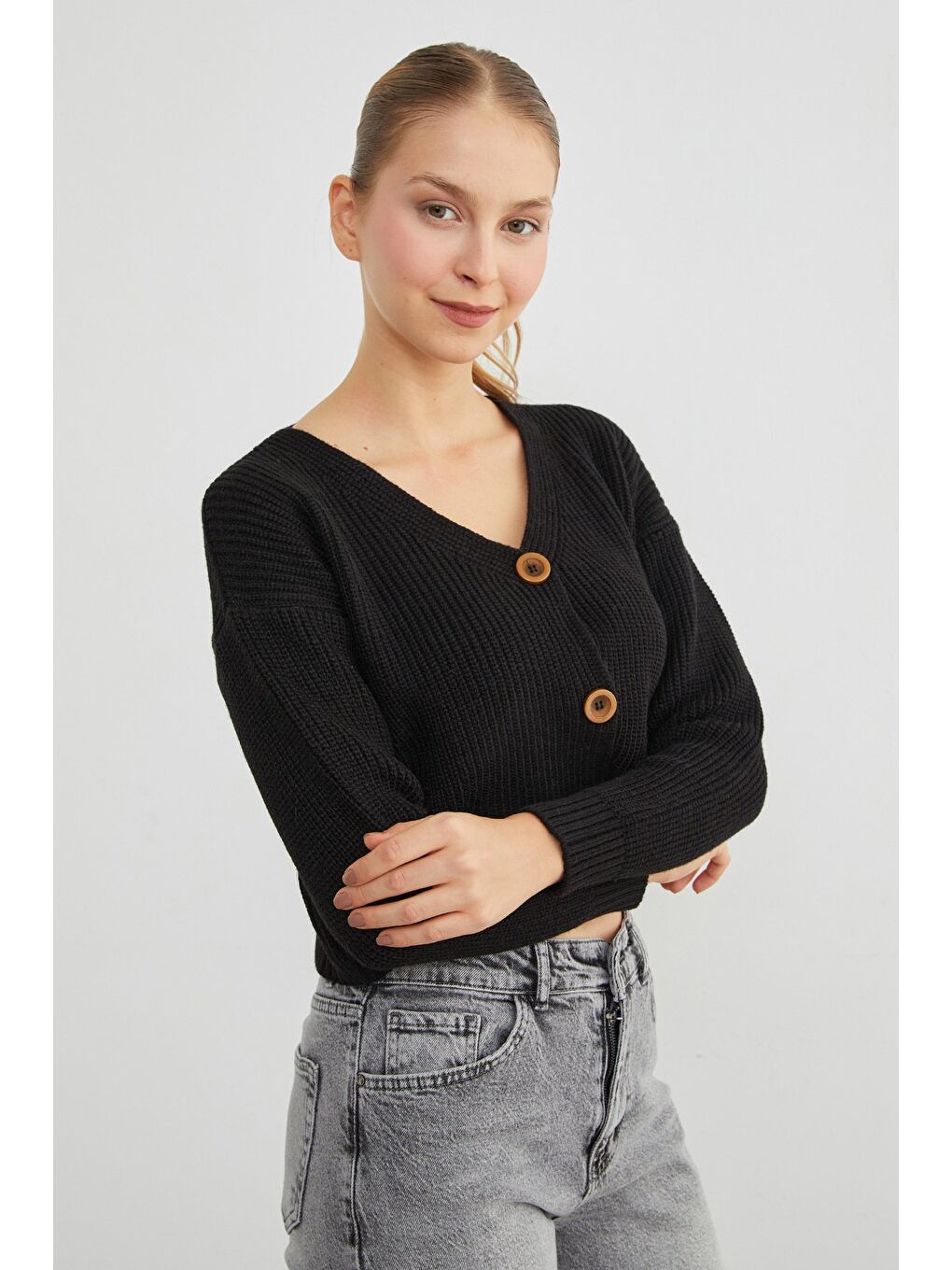 Siyah Düğmeli V Yaka Triko Hırka-4