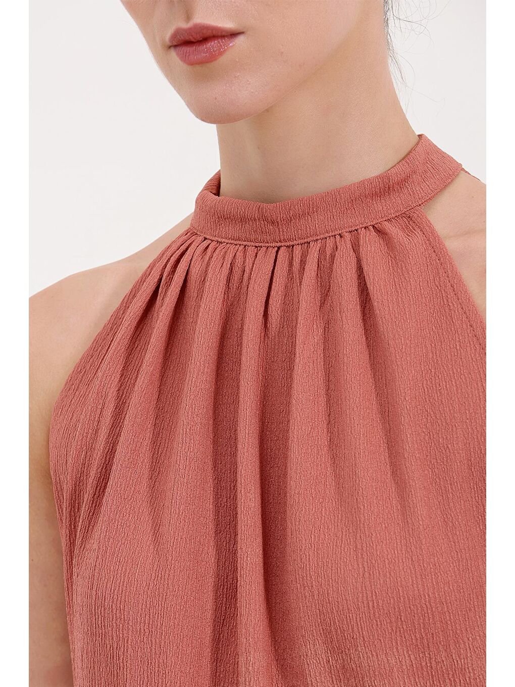 Pembe 0489 Halter Yaka Örme Bluz - Gül Kurusu-2