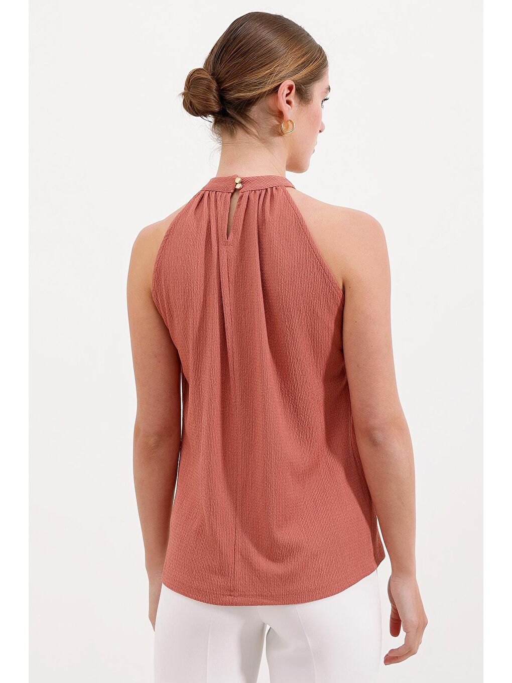 Pembe 0489 Halter Yaka Örme Bluz - Gül Kurusu-3