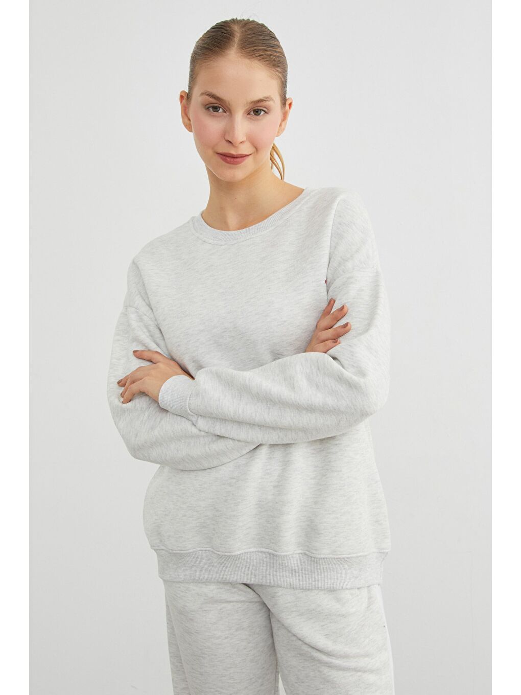 Gri 3 İplik Kalp Baskılı Bisiklet Yaka Sweatshirt-3