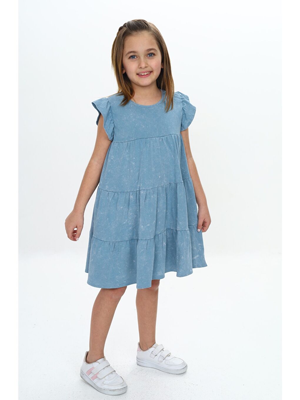 Mavi Kız Çocuk Yıkamalı Elbise