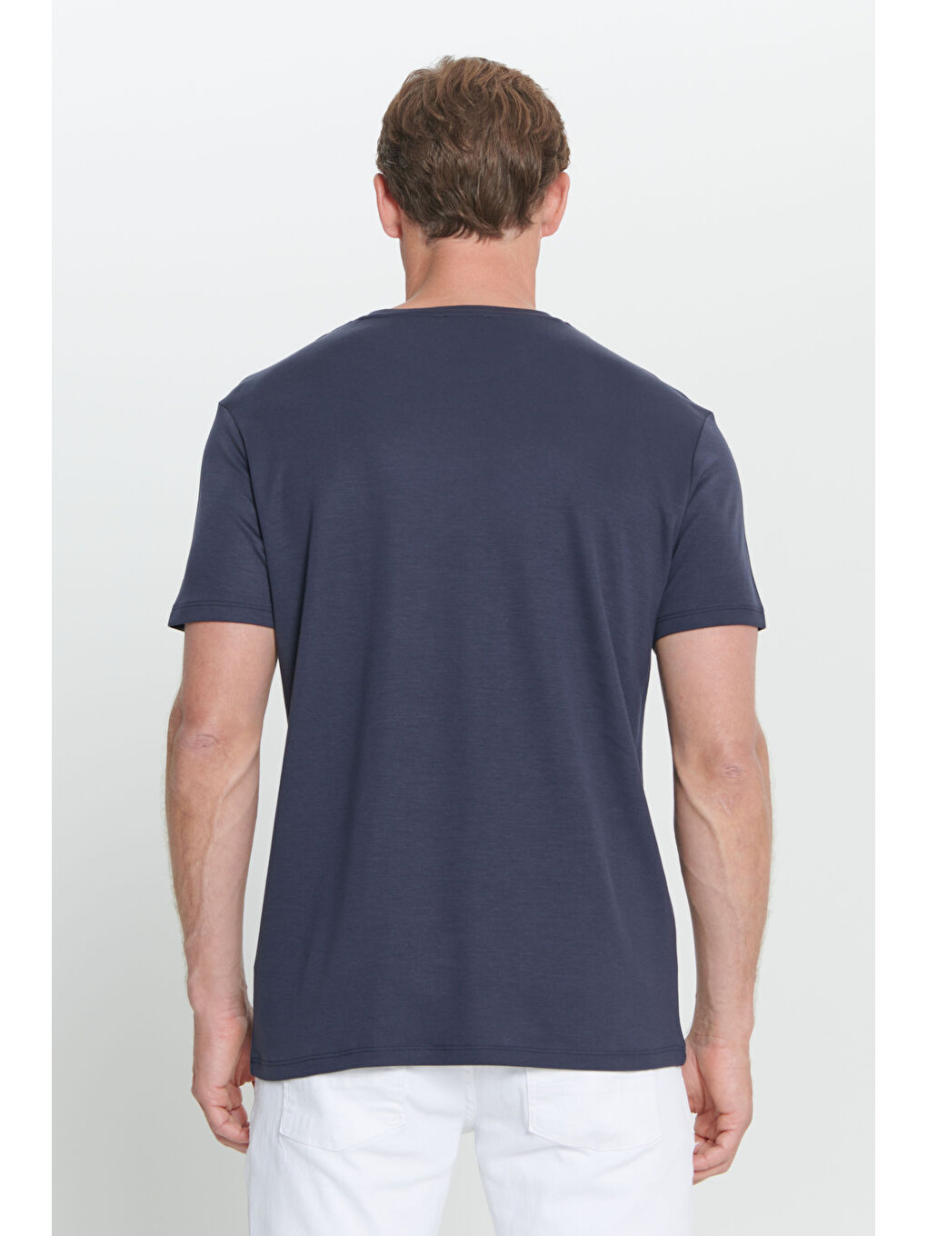 Erkek Lacivert Yumuşak Dokulu Slim Fit Dar Kesim Bisiklet Yaka Tişört-5