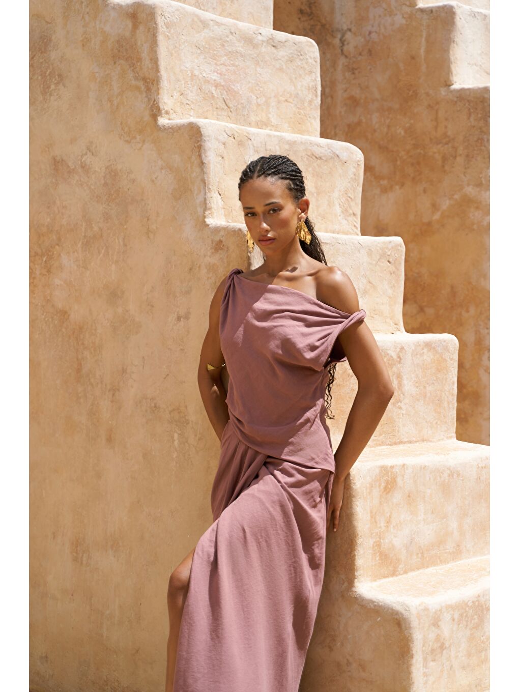 Zimbabue Uzun Açık Bordo Keten Elbise-1