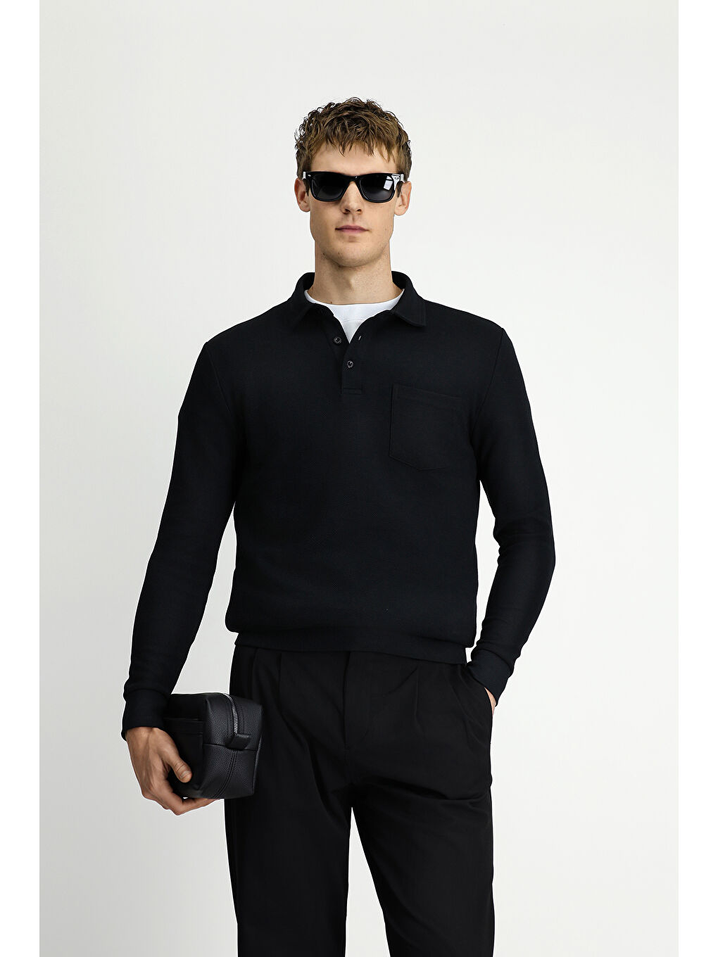 Siyah Polo Yaka Regular Fit Desenli Pamuk Sweatshirt