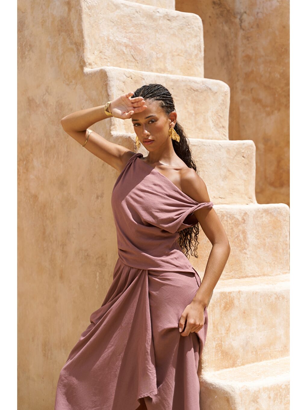 Zimbabue Uzun Açık Bordo Keten Elbise-2