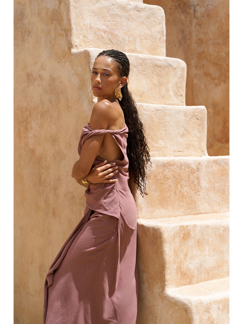 Zimbabue Uzun Açık Bordo Keten Elbise-3