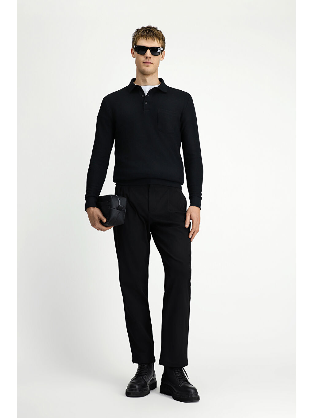 Siyah Polo Yaka Regular Fit Desenli Pamuk Sweatshirt-1