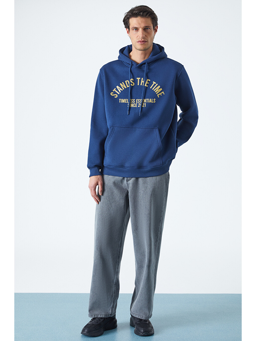 Wulf Erkek Organik Kumaşlı İçi Polarlı Yumuşacık Kanguru Cepli Kapüşonlu Lacivert Sweatshirt-1