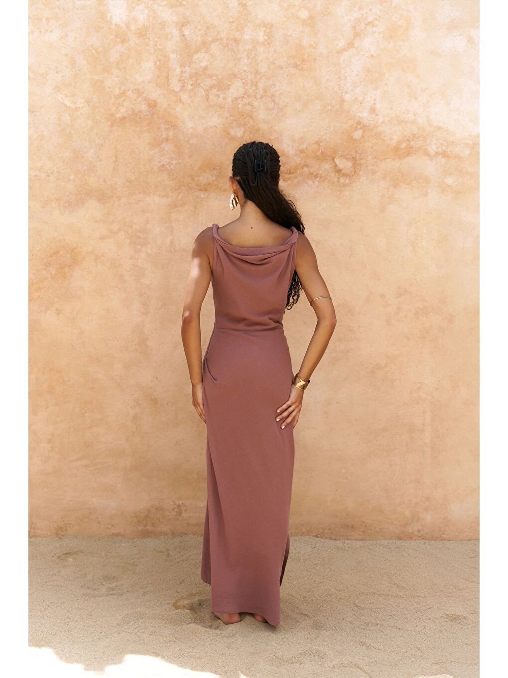 Zimbabue Uzun Açık Bordo Keten Elbise-4