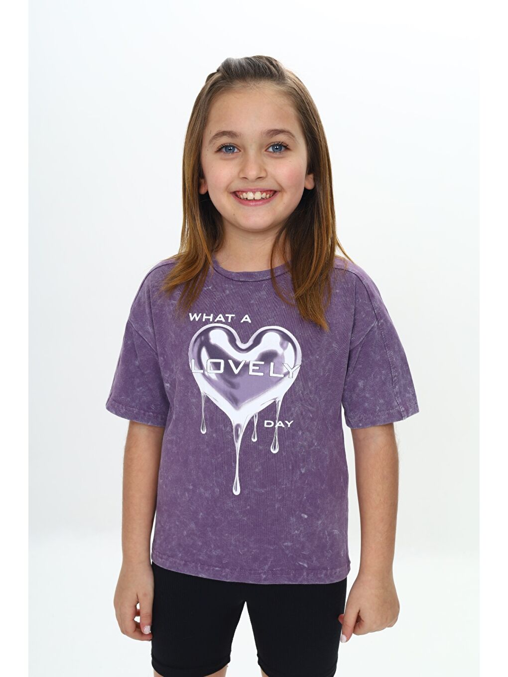 Mor Kız Çocuk Yıkamalı Kalp Baskılı Tişört