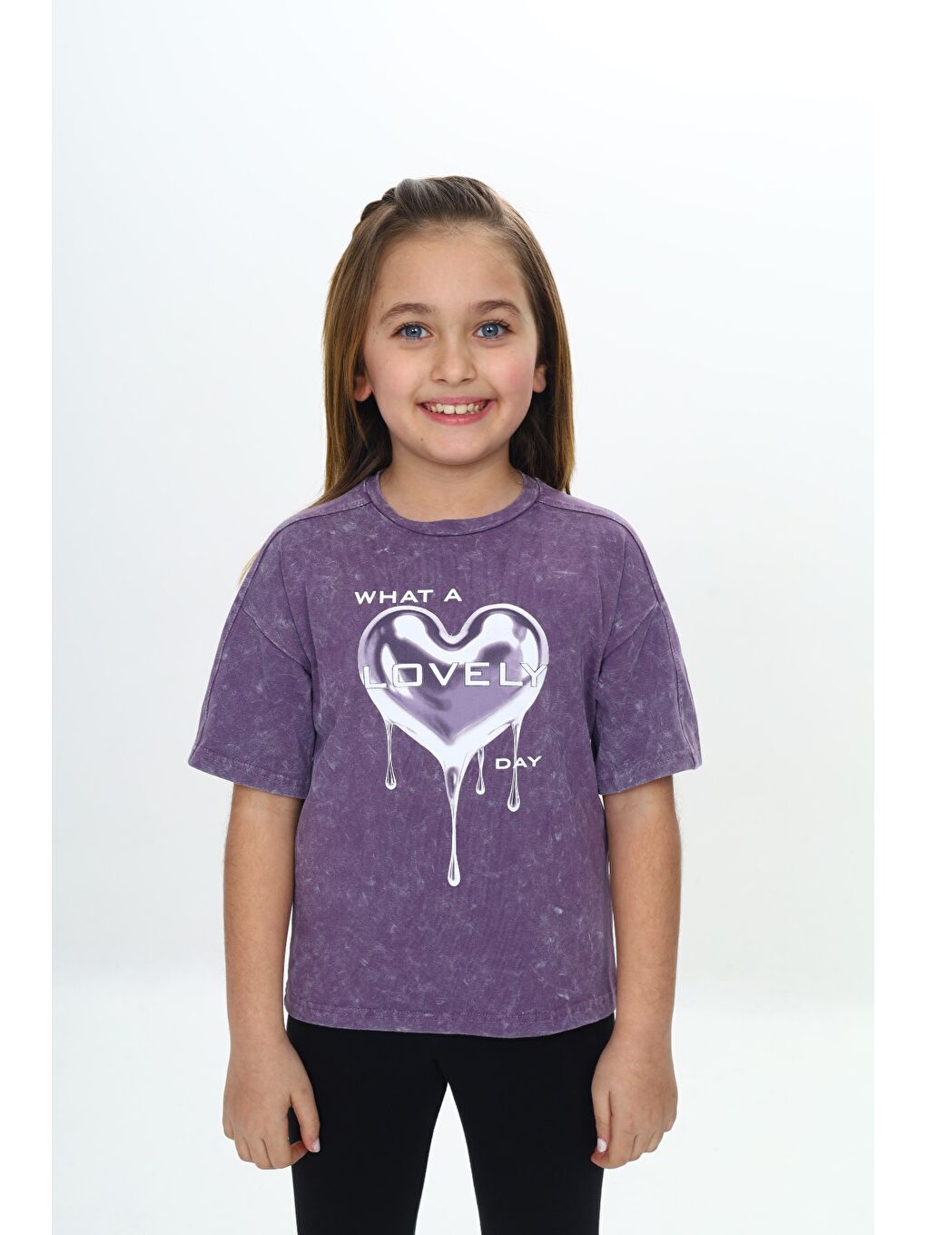 Mor Kız Çocuk Yıkamalı Kalp Baskılı Tişört-1