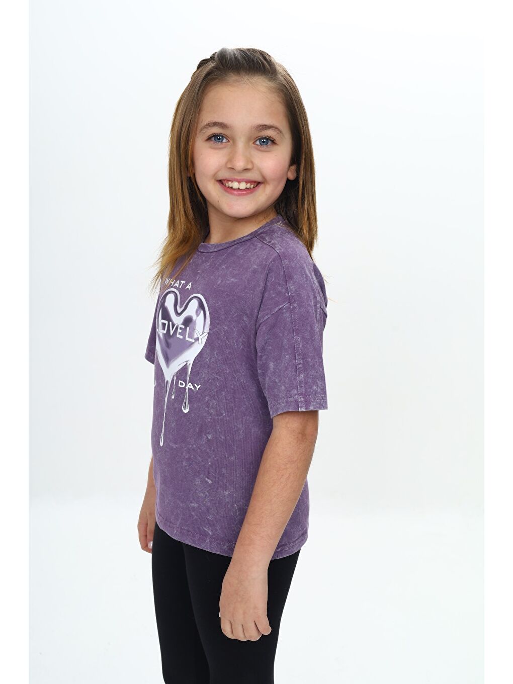Mor Kız Çocuk Yıkamalı Kalp Baskılı Tişört-2