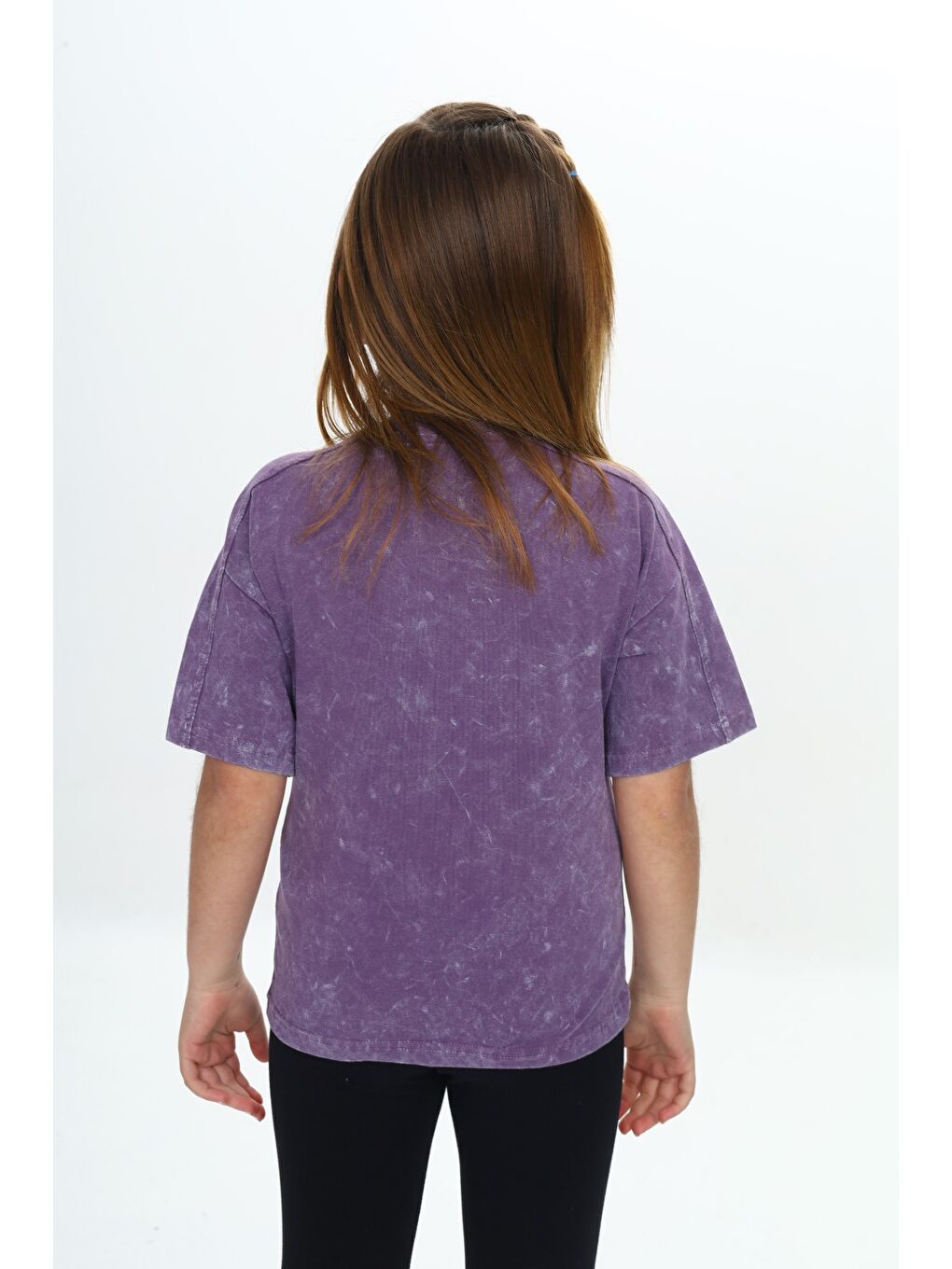 Mor Kız Çocuk Yıkamalı Kalp Baskılı Tişört-3