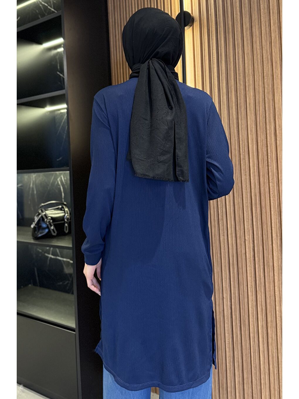 Lacivert Kadın Bisiklet Yaka Yan Yırtmaç Detaylı Tesettür Tunik-7