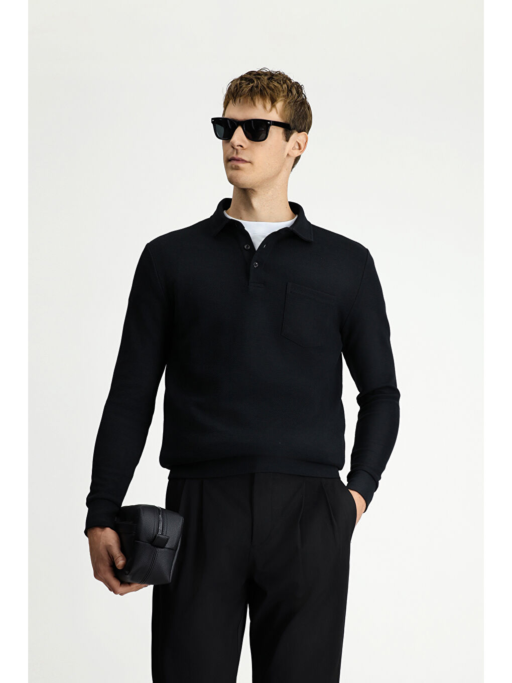 Siyah Polo Yaka Regular Fit Desenli Pamuk Sweatshirt-3