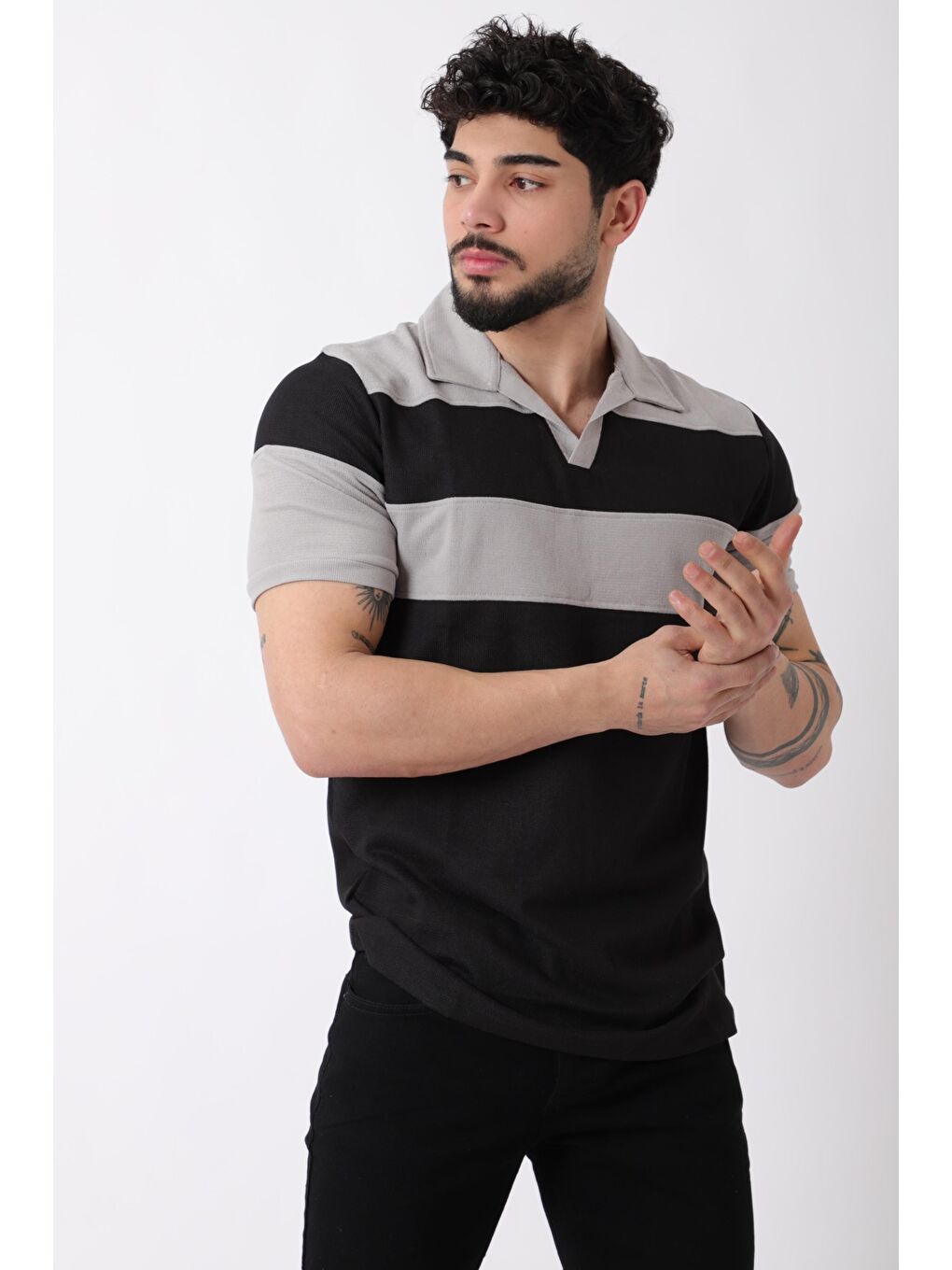 Gri Apaç Yaka Triko Tişört JS C-1020_30420-2