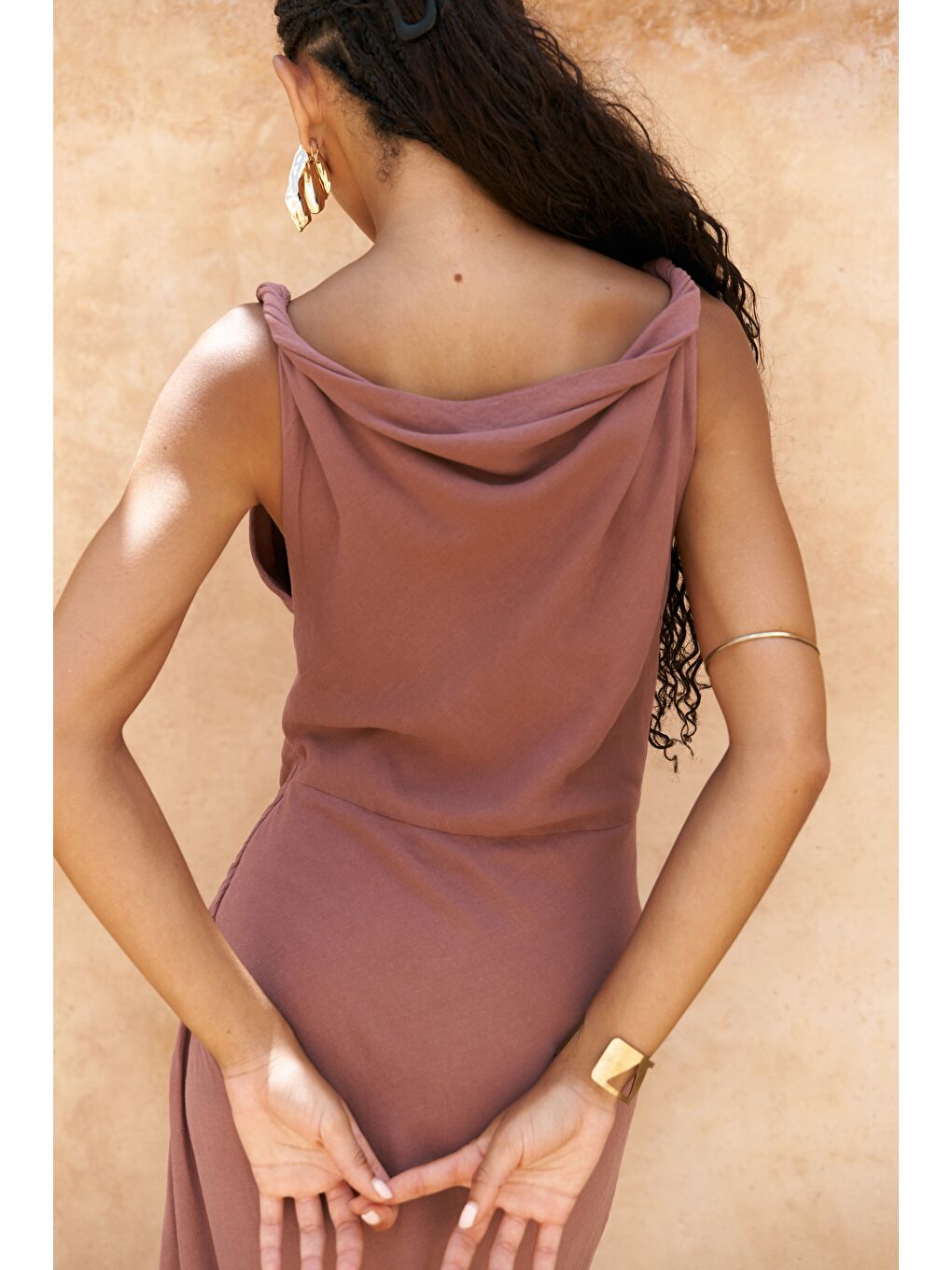 Zimbabue Uzun Açık Bordo Keten Elbise-6