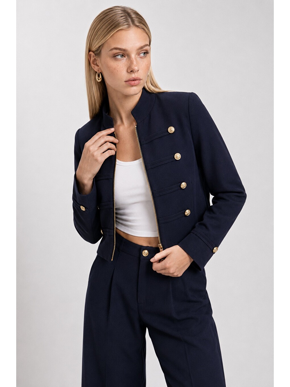 Gold Düğmeli Dokuma Ceket-pantolon Takım Lacivert Laz0015-2
