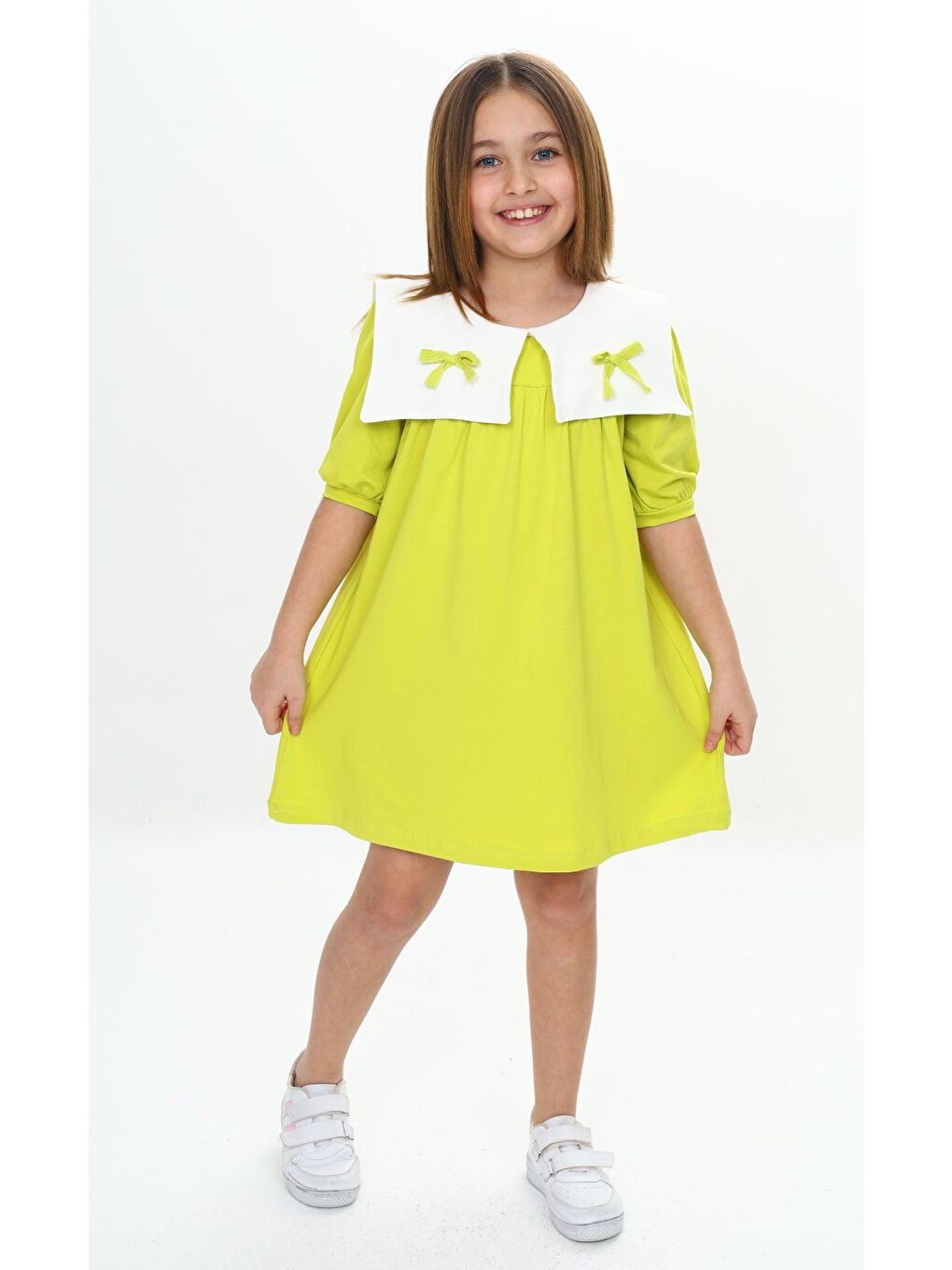 Yeşil Kız Çocuk Yaka Detaylı Elbise