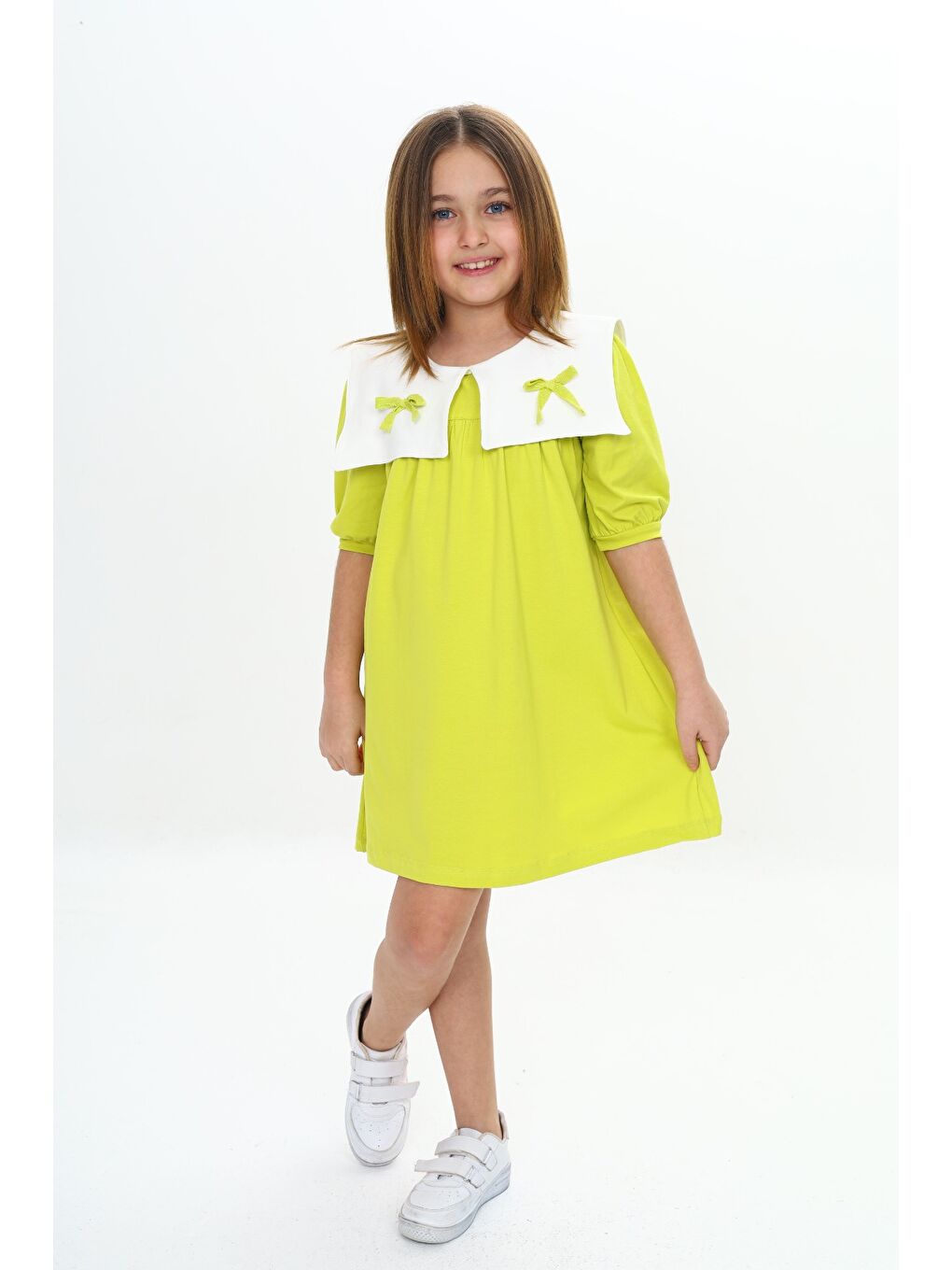 Yeşil Kız Çocuk Yaka Detaylı Elbise-2