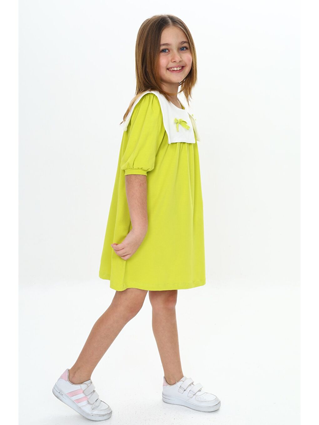 Yeşil Kız Çocuk Yaka Detaylı Elbise-4