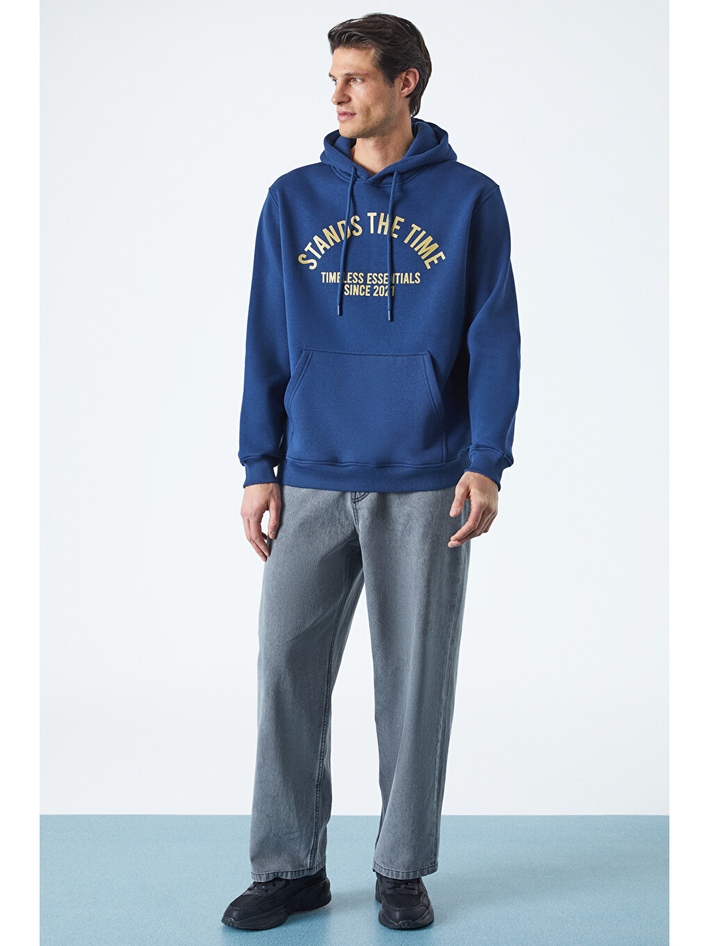 Wulf Erkek Organik Kumaşlı İçi Polarlı Yumuşacık Kanguru Cepli Kapüşonlu Lacivert Sweatshirt-3