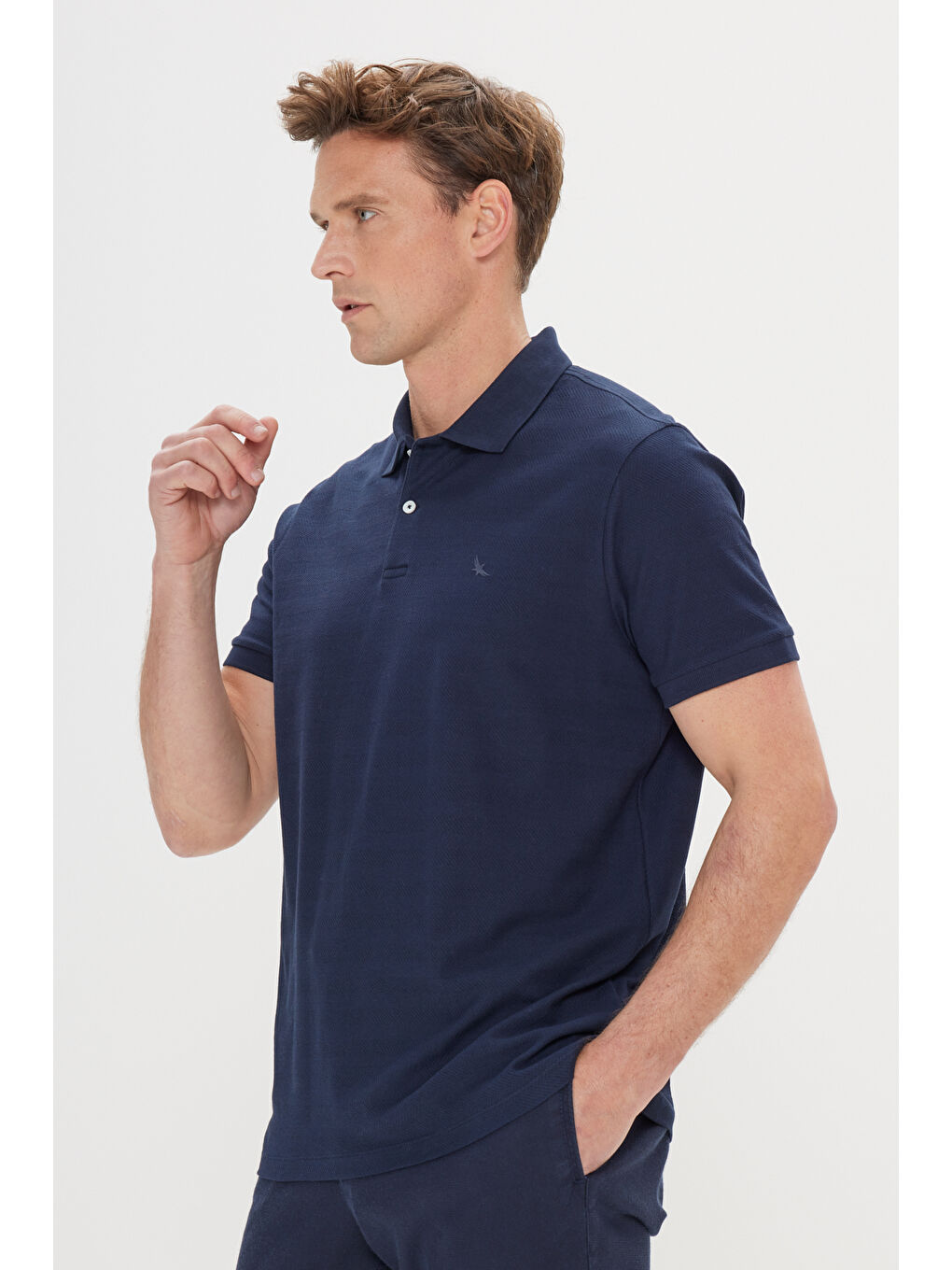 Erkek Lacivert %100 Pamuk Slim Fit Dar Kesim Polo Yaka Jakarlı Tişört-2