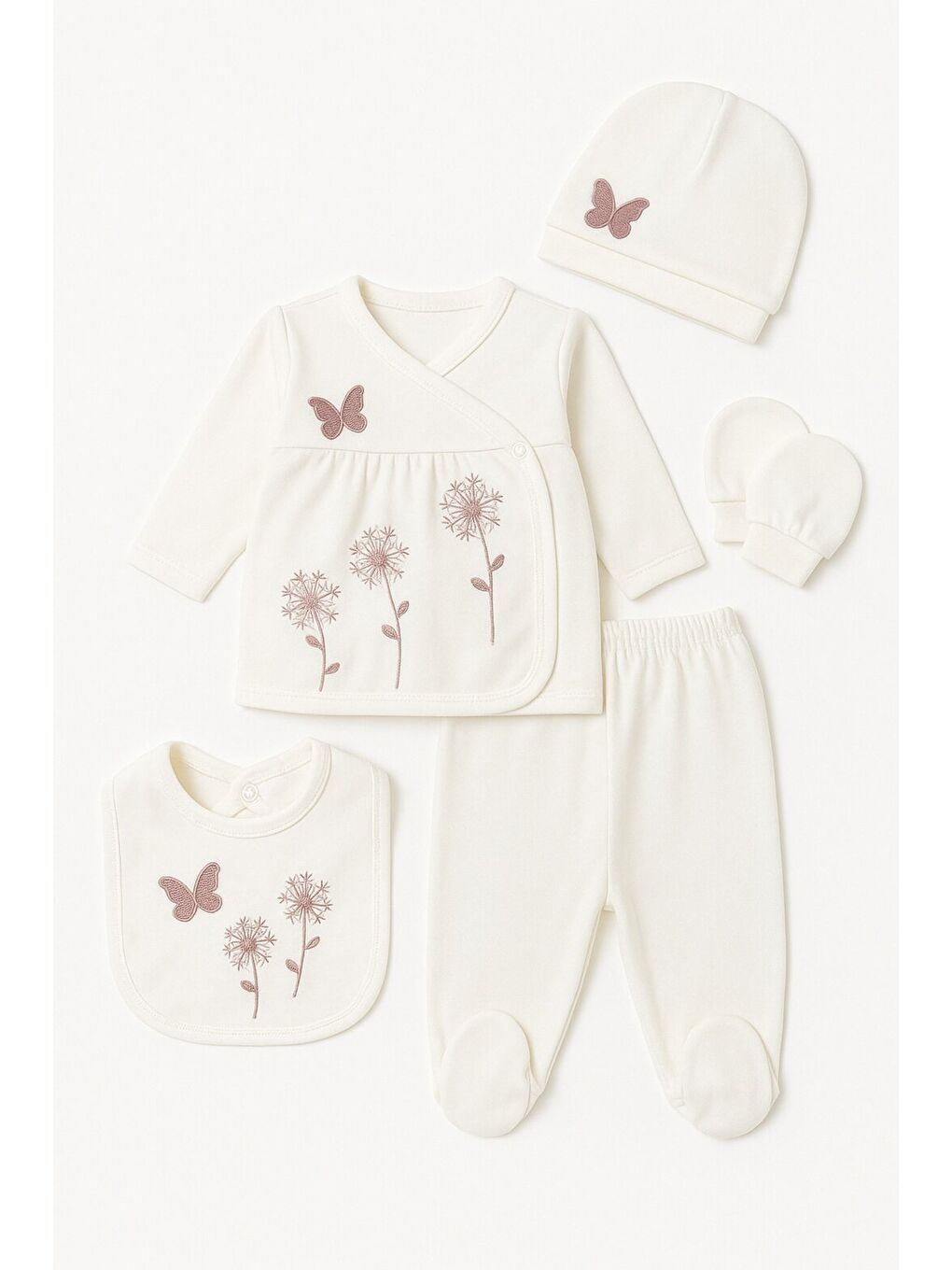 Beyaz Kutulu Kız Bebek Kelebek Nakışlı Organik 5li Hastane Çıkış Seti Yenidoğan Kıyafeti 50-56cm 0-3ay