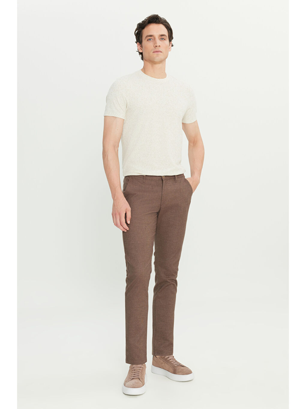 Erkek Kahverengi Pamuklu Slim Fit Dar Kesim Yan Cepli Armürlü Casual Pantolon-2