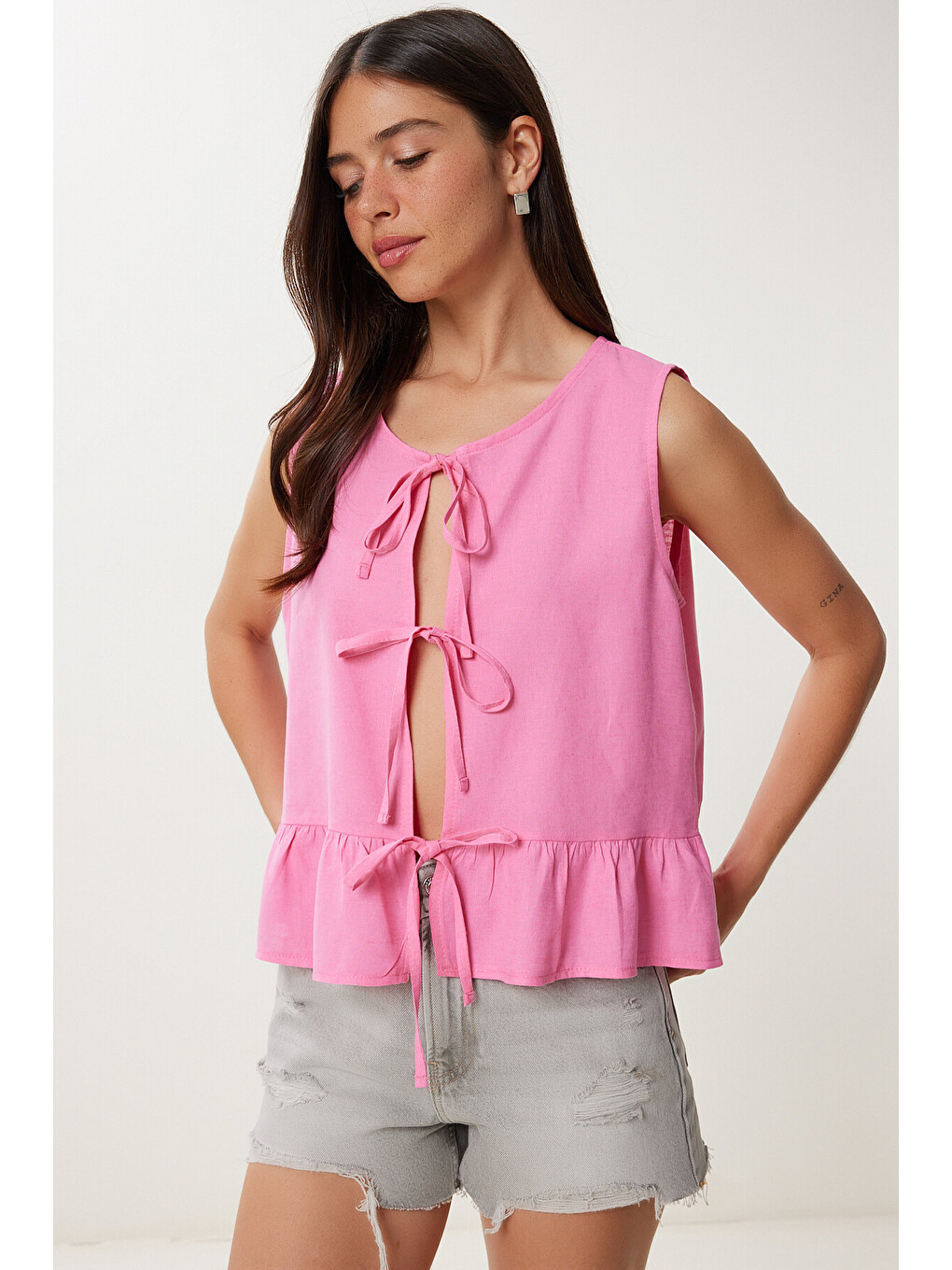 Pembe Bağlama Detaylı Keten Bluz PEMBE LMX0097-1