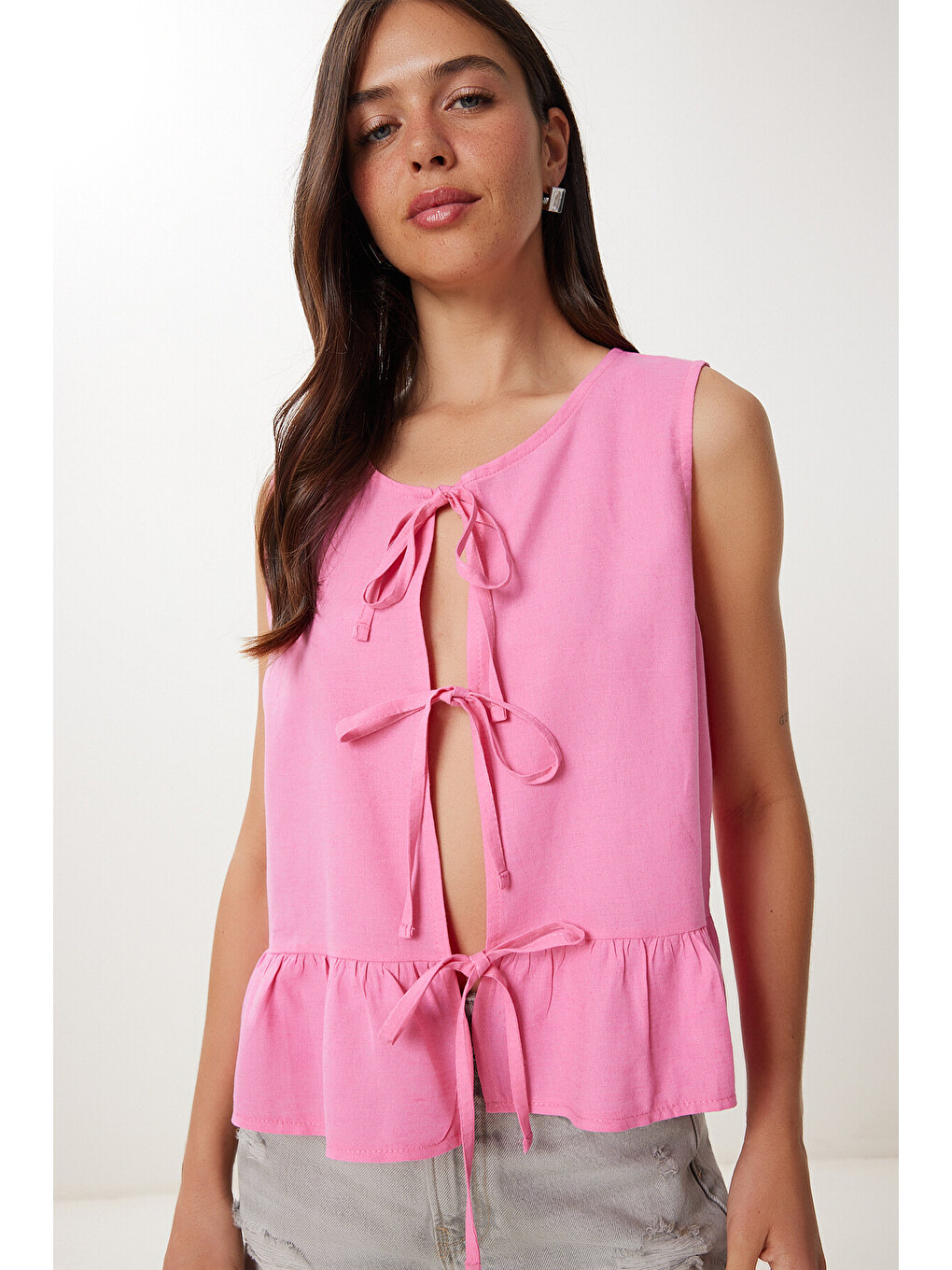 Pembe Bağlama Detaylı Keten Bluz PEMBE LMX0097-2