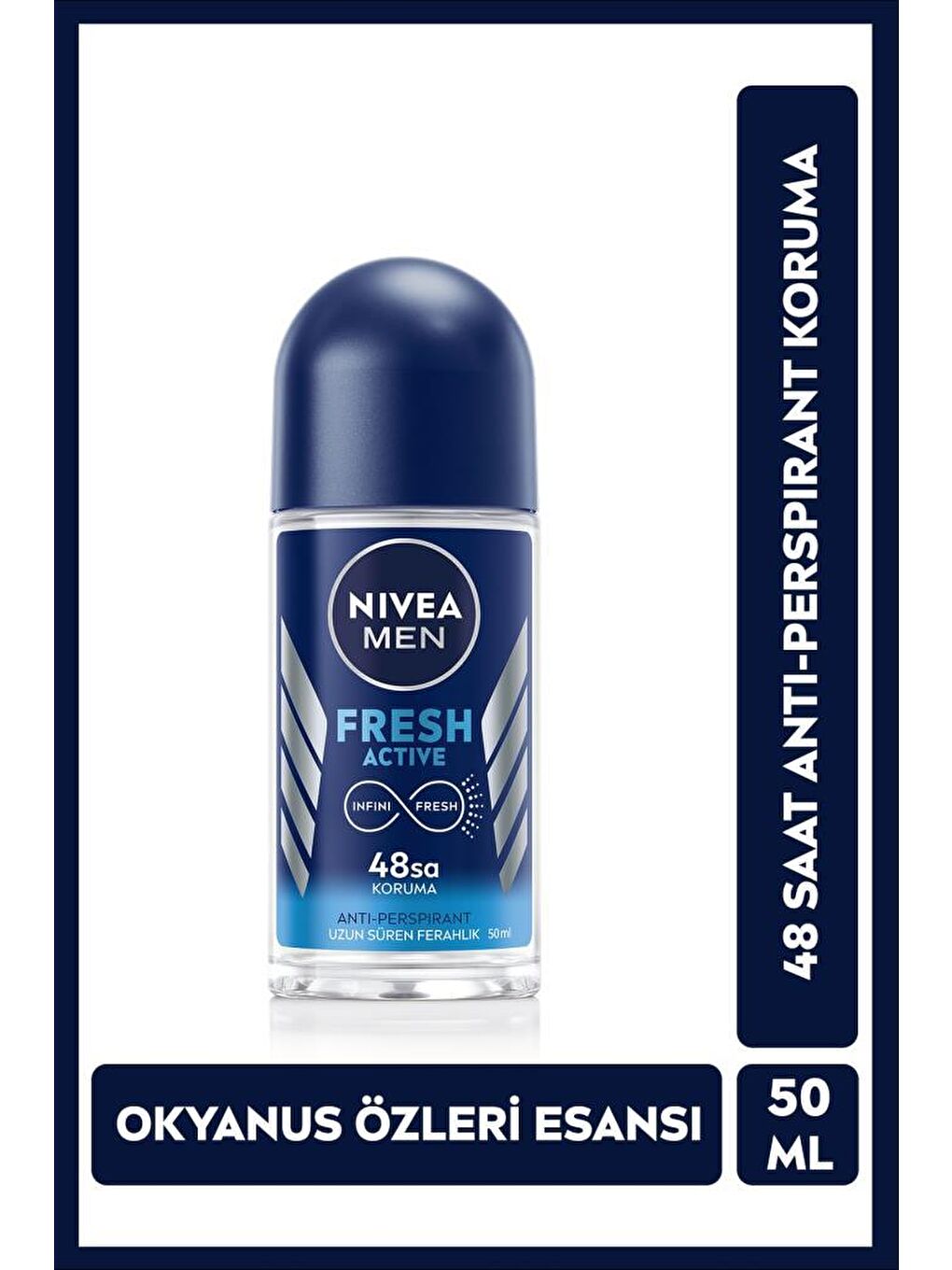 NIVEA Şeffaf Men Erkek Roll On Deodorant Fresh Active 50 ml, 48 Saat Anti-Perspirant Koruma, Taze, Çekici Kokular