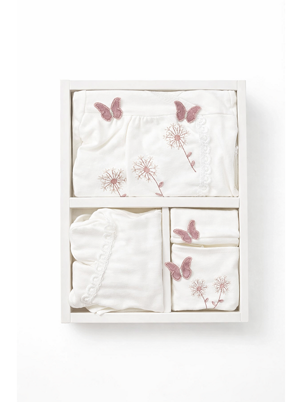 Beyaz Kutulu Kız Bebek Kelebek Nakışlı Organik 5li Hastane Çıkış Seti Yenidoğan Kıyafeti 50-56cm 0-3ay-1