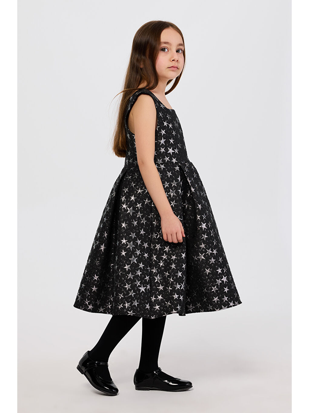 Kız Çocuk Yıldız Desenli Abiye Siyah Parti Elbisesi-5