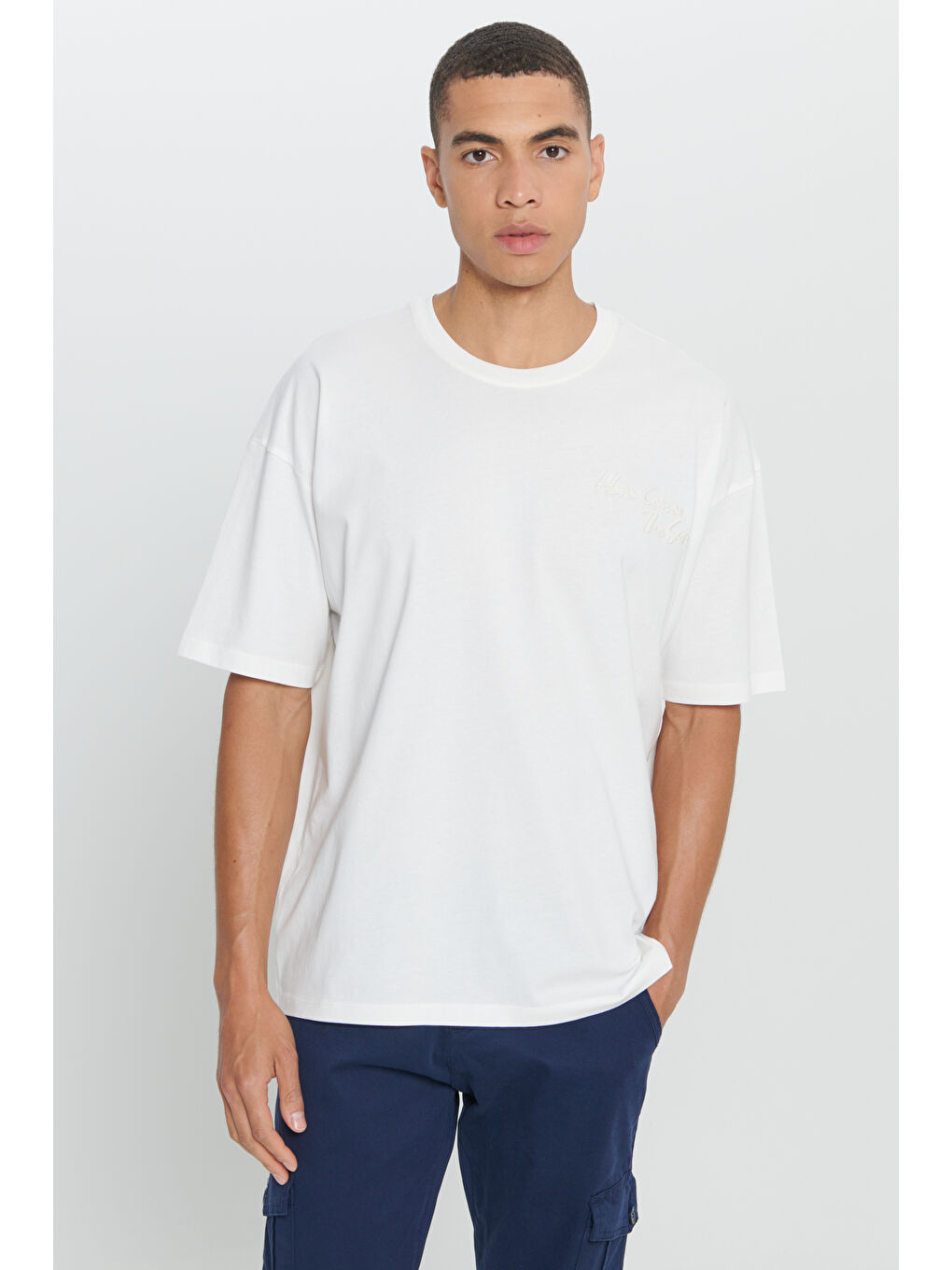 Erkek Ekru Oversize Fit Bol Kesim %100 Pamuk Baskılı Bisiklet Yaka Tişört-2