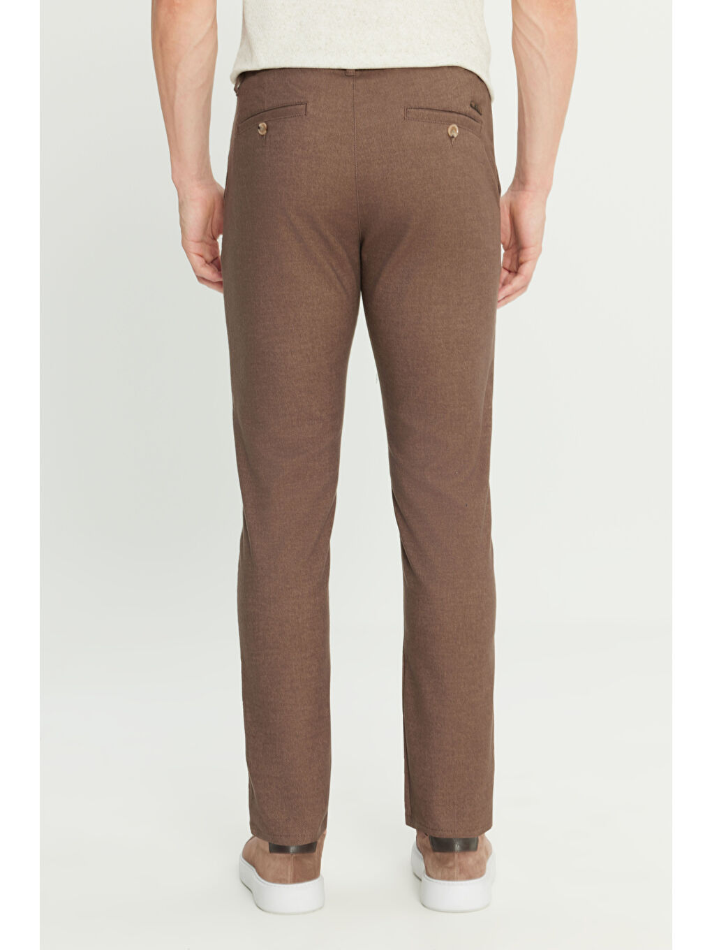 Erkek Kahverengi Pamuklu Slim Fit Dar Kesim Yan Cepli Armürlü Casual Pantolon-4