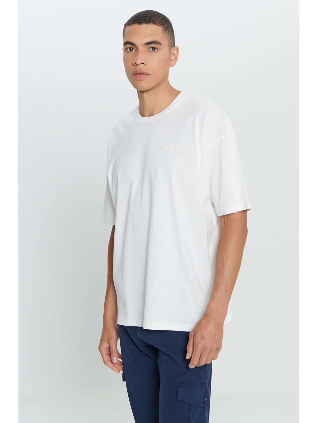 Erkek Ekru Oversize Fit Bol Kesim %100 Pamuk Baskılı Bisiklet Yaka Tişört-3