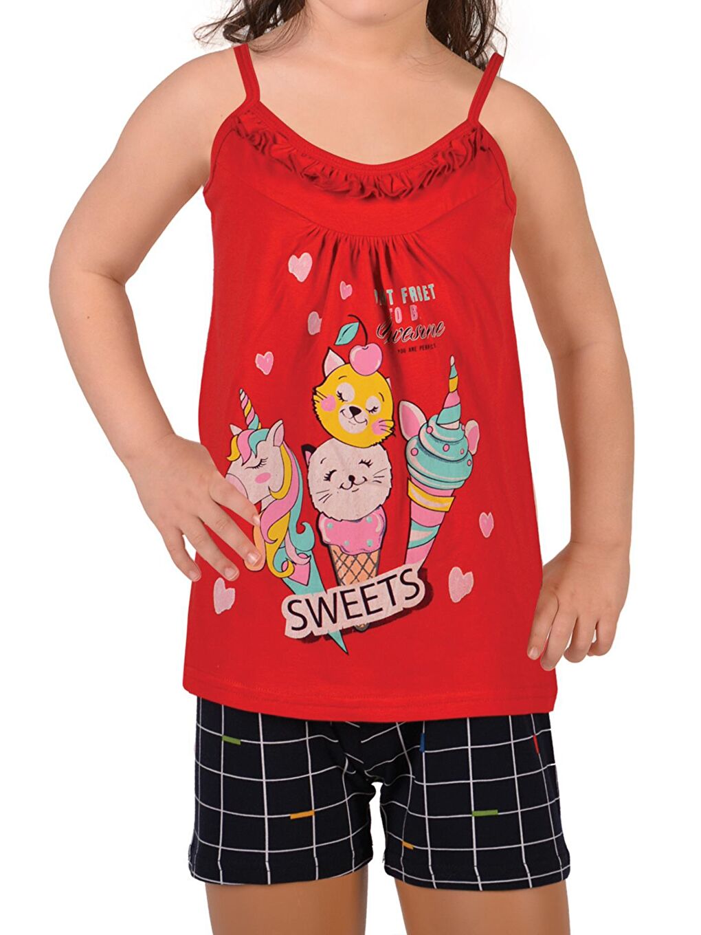Kırmızı Kız Çocuk İp Askılı Şortlu Pijama Takımı