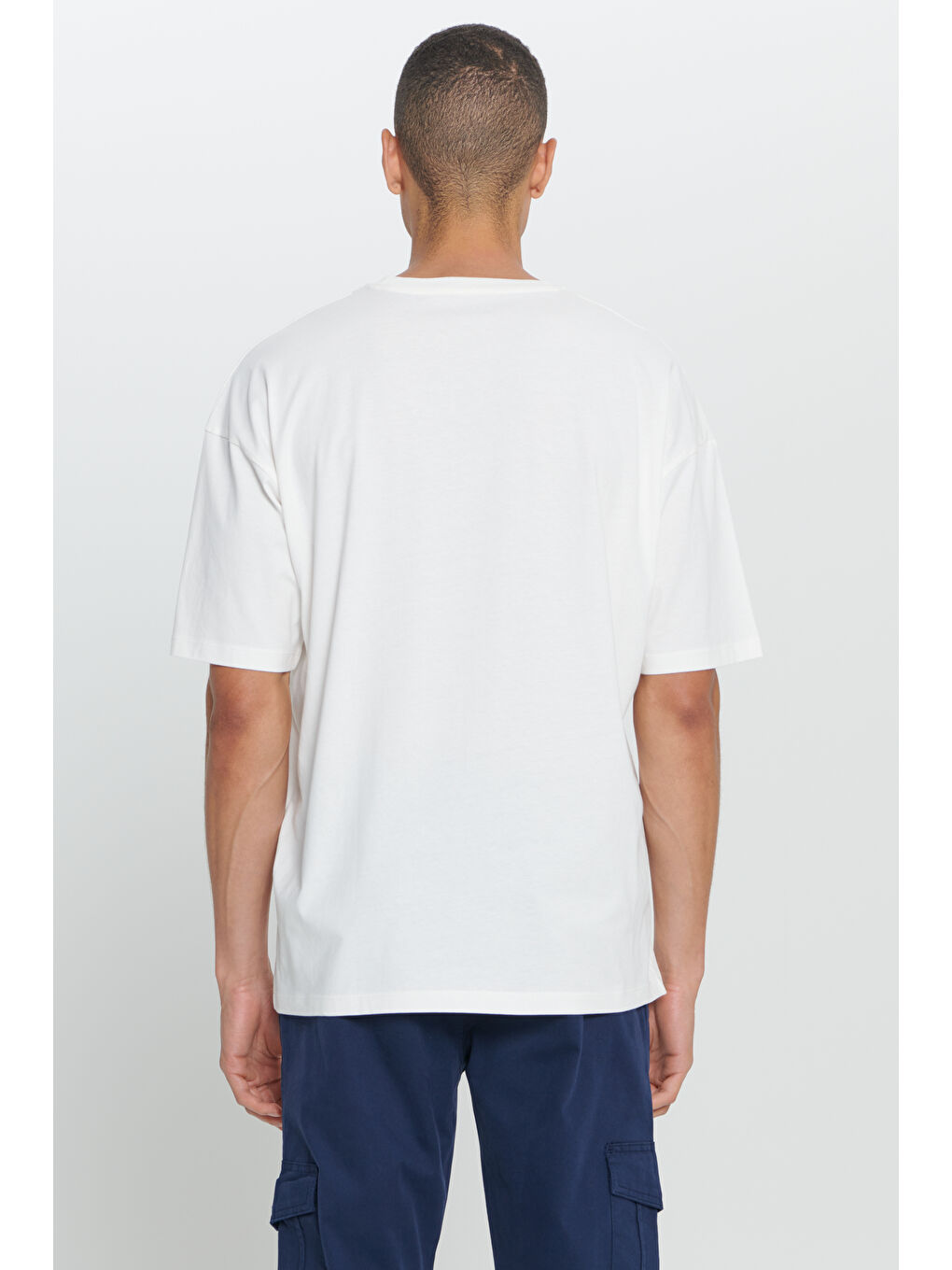 Erkek Ekru Oversize Fit Bol Kesim %100 Pamuk Baskılı Bisiklet Yaka Tişört-5