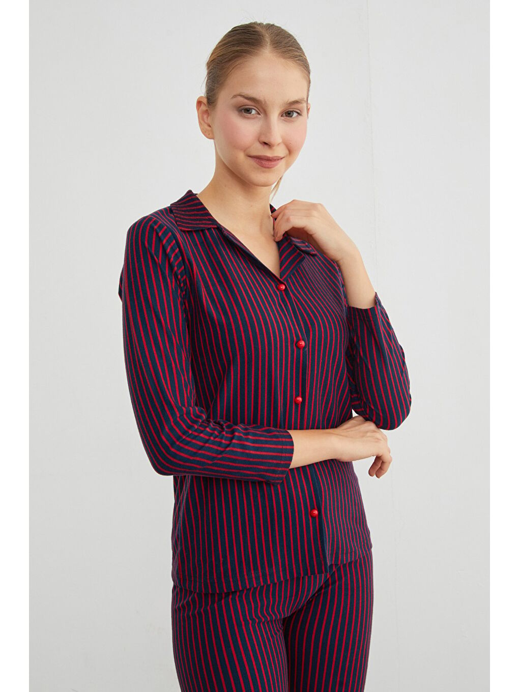 Mavi Ayıcık Desenli Gömlek Yaka Süet Pijama Takımı-2