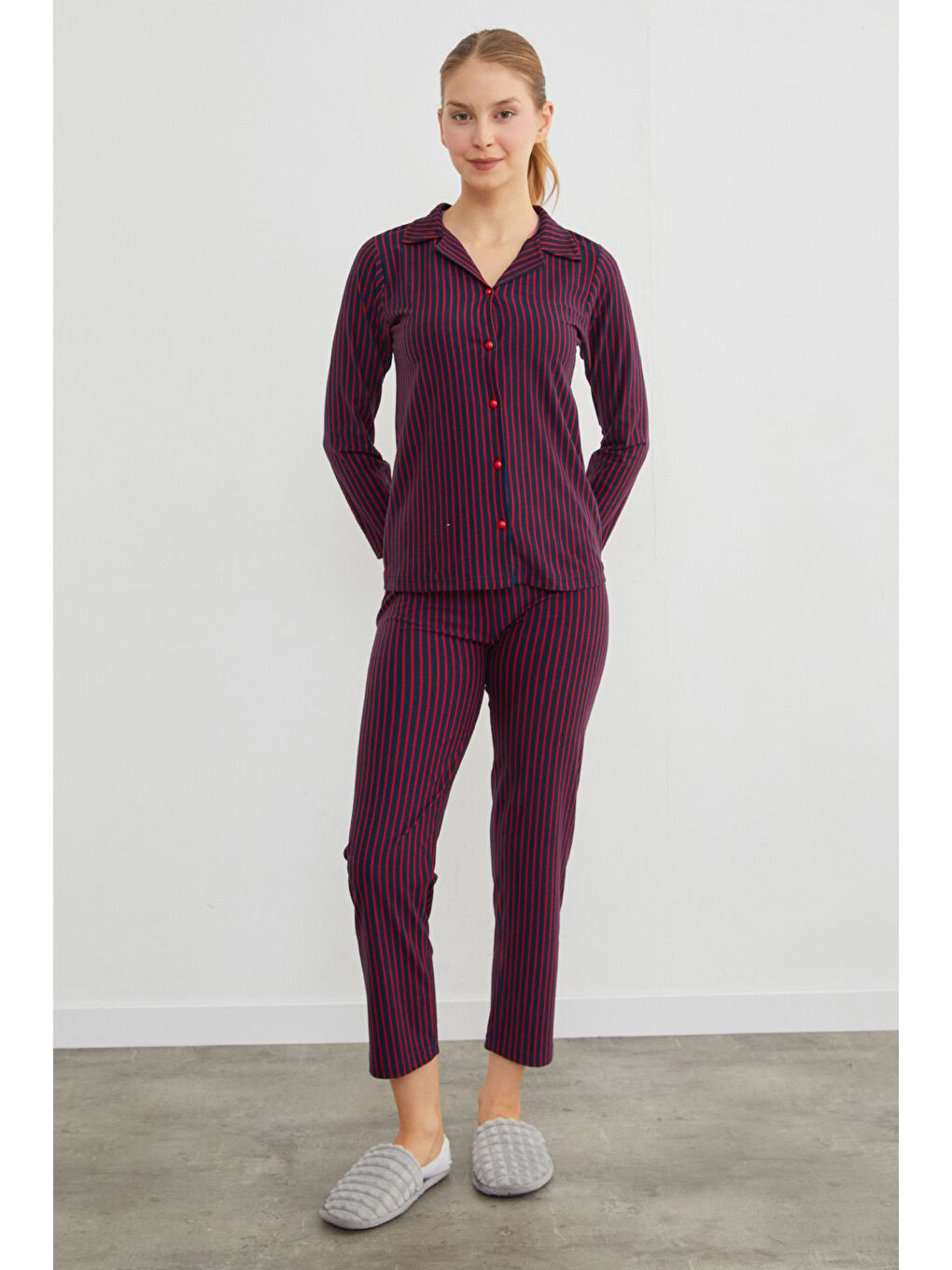 Mavi Ayıcık Desenli Gömlek Yaka Süet Pijama Takımı-3