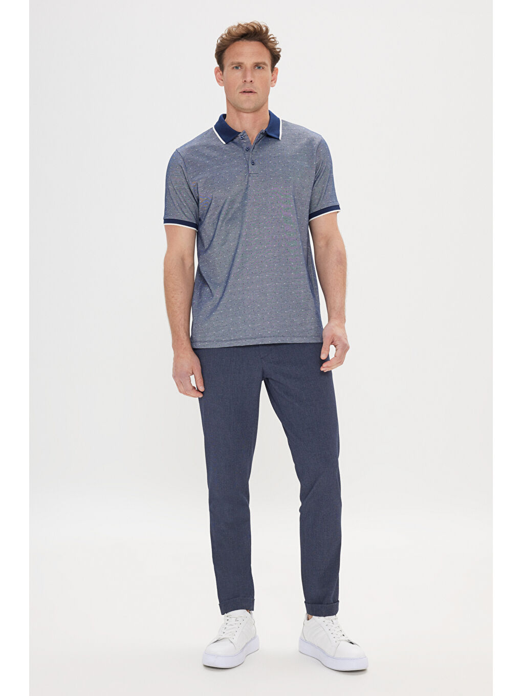 Erkek Lacivert Regular Fit Rahat Kesim Polo Yaka Pamuklu Cepli Jakarlı Tişört-1