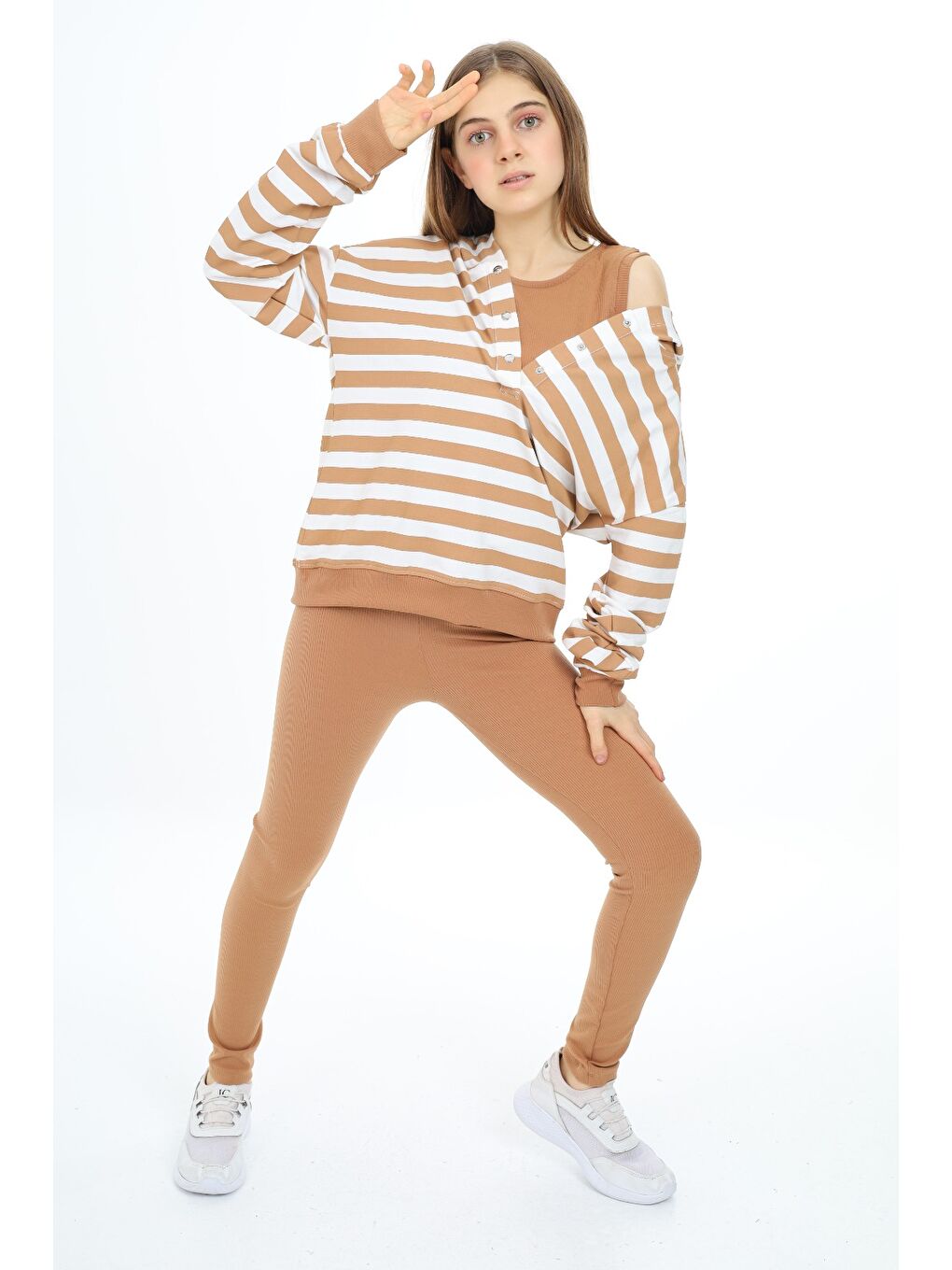 Kahverengi Kız Çocuk Üçlü Taytlı Takım-1