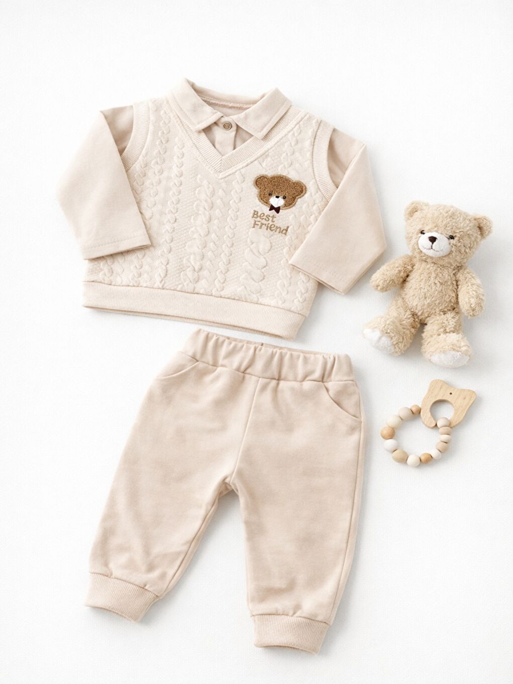 Bej Erkek Bebek 2’li Takım Triko Süveter Detaylı Ayıcıklı Uzun Kollu Alt Üst Set