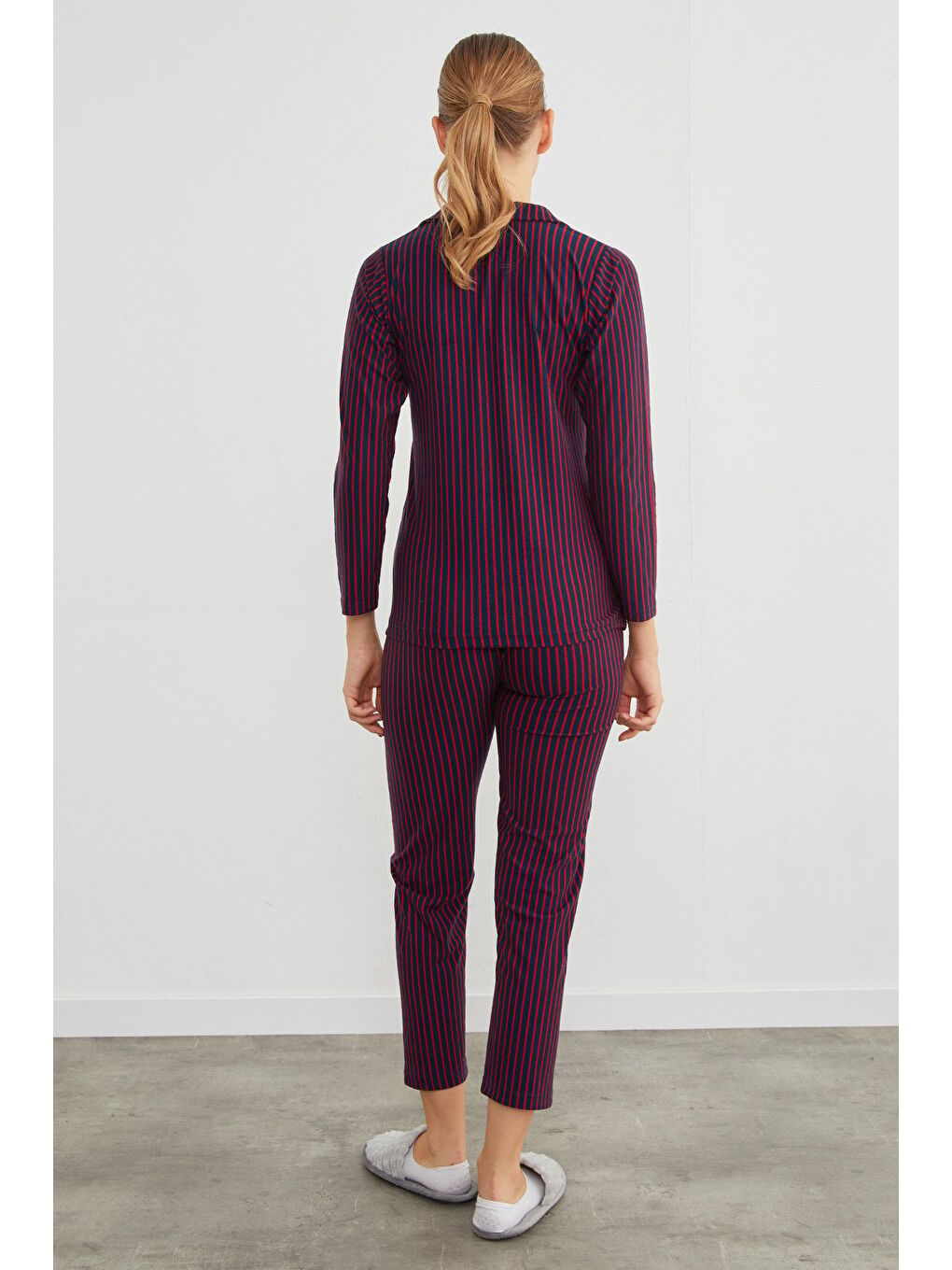 Mavi Ayıcık Desenli Gömlek Yaka Süet Pijama Takımı-4