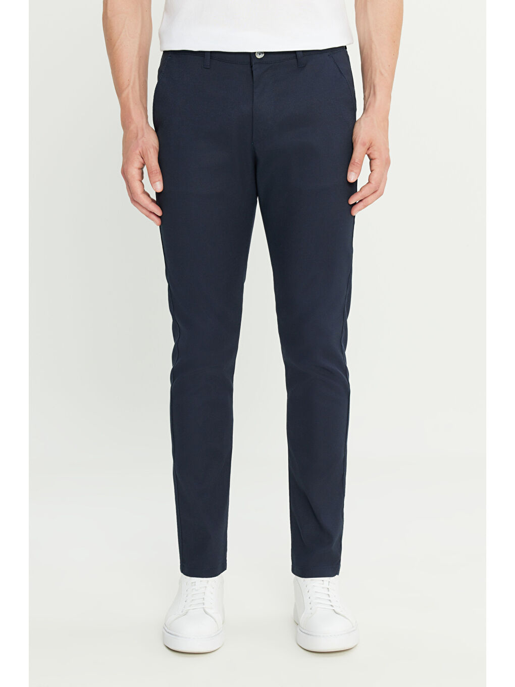 Erkek Lacivert Pamuklu Slim Fit Dar Kesim Armürlü Yan Cepli Casual Pantolon